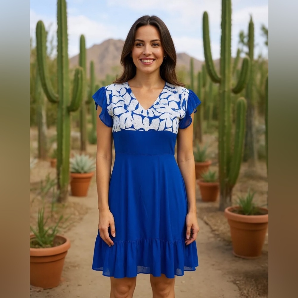 Mitla Oaxaca Dress Royal Blue & White